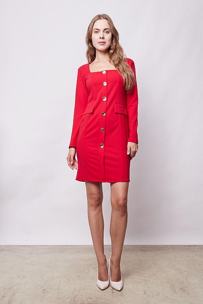 Jument Red Office Jacket Dress for Women - Lycra Crepe Fabric, Square Collar, Long Sleeve, Front Button