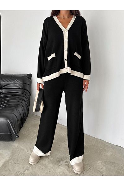 VOOLSTYLE Women's Off-Shoulder V-Neck Pocket Cardigan Wide-Leg Trousers Knitwear Set