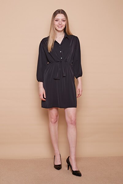 Jument Rochie de primăvară căptușită cu mâneci capri cu nasturi și guler-negru