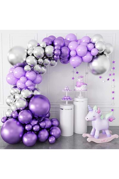Organizasyon Pazarı Set of 100 Purple-Lilac-Chrome Silver Balloon Chains
