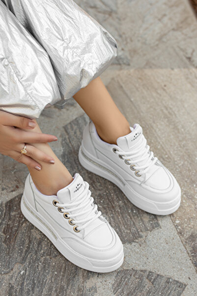 Ayakkabı Delisiyim Hidden Wedge Heel Thick Sole Stone Lace-Up White Women's Sneaker Sports Shoes Robin