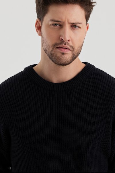 BLUE STREET Men's Regular Fit Crew Neck Braided Knitwear
