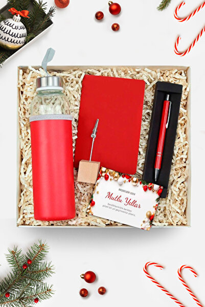 Trendmiya 500 Ml Kırmızı Matara & Ahşap Not Tutucu & Tükenmez Kalem & Dikişli...