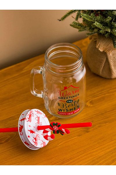LC Waikiki Lcw Home Mixed Printed Christmas Themed Glass Cup with Straw 500 ml