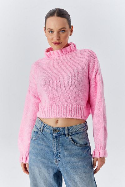 Mixray 6883 Model Pink Crop Knitwear Sweater - Ruffle Detail
