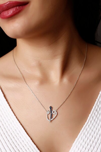 SARIASLAN Rodyumlu Safir Taşlı Elif Vav Kadın Gümüş Kolye