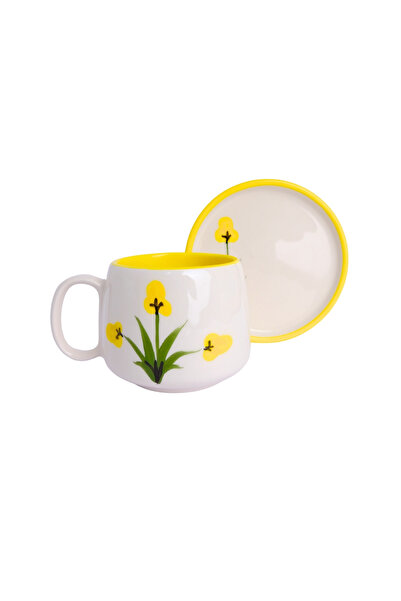 Gezdikçe Bilelim Double Ceramic Handmade Mug with Yellow Poppy Pattern Plate,...