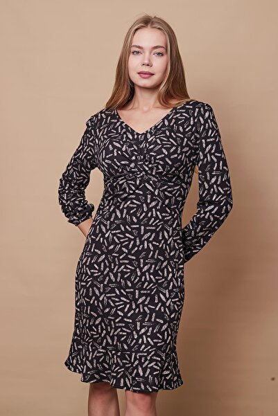Jument Light Lycra Soft Fabric - V-Neck and Flounces Long Sleeve Knee-Length Women's Dress - Si