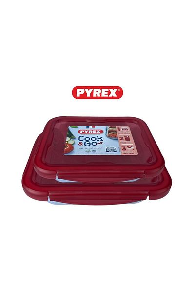 Pyrex طقم أطباق تخزين كوك آند جو - حاويات زجاجية مستطيلة بسعة 0.8 لتر و1.9 لتر مع أغطية حمراء محكمة الغلق