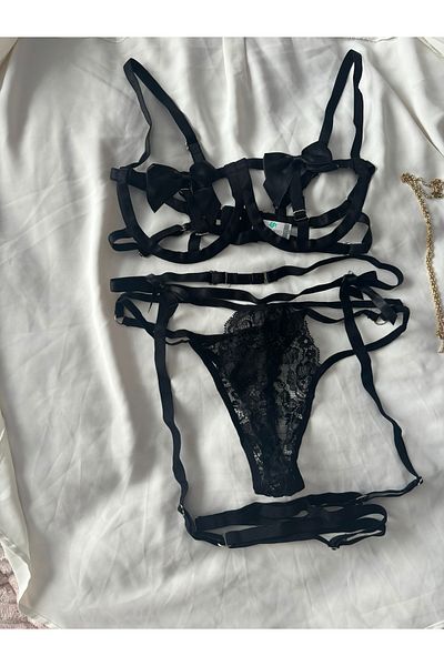 İNKO İÇ GİYİM 3-Piece Set with Garter Ribbon Detail Fancy Bra Set