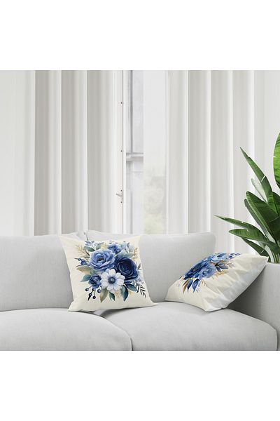 Şah Dekor Set de huse de pernă decorative din 2 piese, cu model de flori albastre, crem