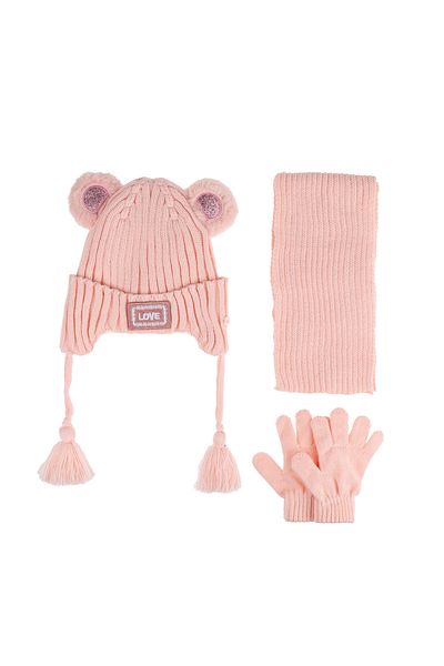 Kitti 1-4 Years Girl's Fleece Inside Kitti Scarf Beanie Gloves - Set of 3