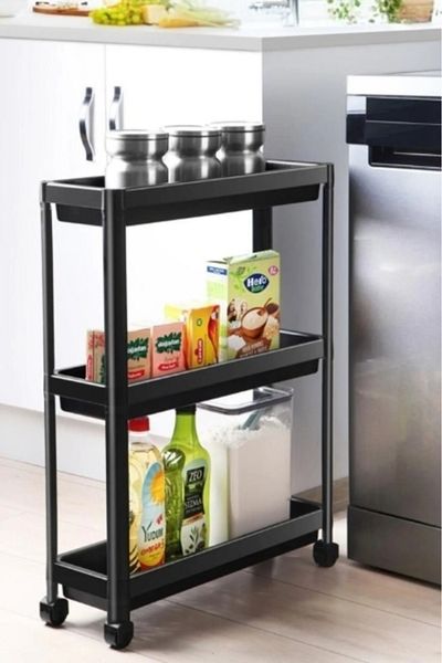 almital mobilya aksesuarları furniture accessories 3-Tier Rolling Vesken Shelf - Bathroom and Kitchen Service Organizer (BLACK)