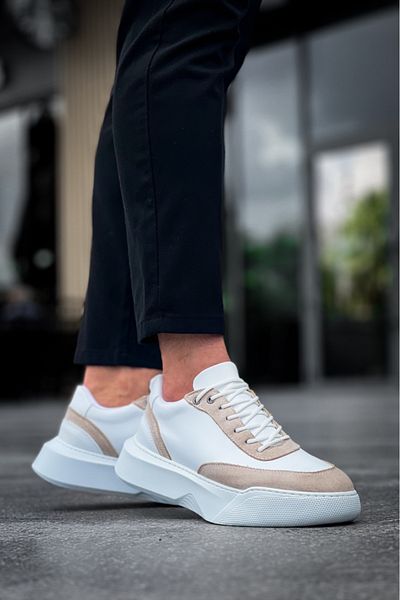BOA Ba0354 Casual Lace-Up Men's Cream Pieced White High Sole Sneakers