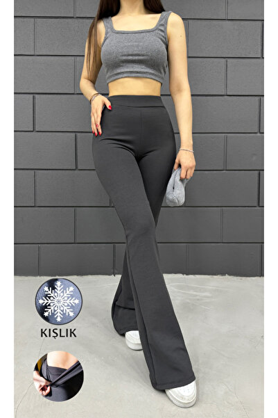 Miss fashion Kadın Kışlık Koyu Füme Krep Ispanyol Paça Şardonlu Lastikli Yüks...