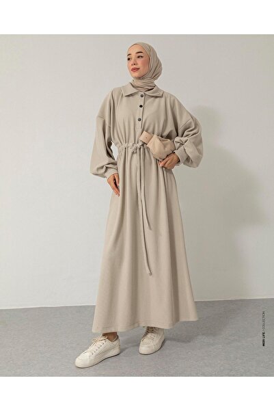 Meri Store Oversize Fitilli Belden Bağcıklı Krem Elbise