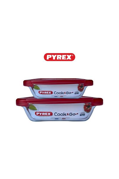 Pyrex طقم أطباق تخزين كوك آند جو - حاويات زجاجية مستطيلة بسعة 0.8 لتر و1.9 لتر مع أغطية حمراء محكمة الغلق
