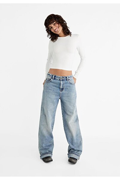 Butik Kadın BeyazBisiklet Yaka Uzun kollu Crop Bady