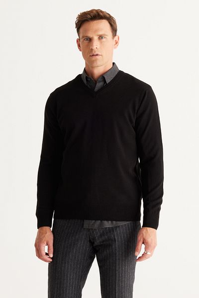 ALTINYILDIZ CLASSICS Schwarzer Anti-Pilling-Strickpullover mit V-Ausschnitt – Herren, Anti-Pilling, Standard-Passform
