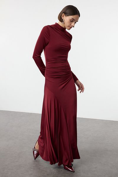 Trendyol Collection Rochie tricotată maxi elastică cu mânecă lungă, cu guler ridicat, cu mâneci lungi TWOAW25EL00099