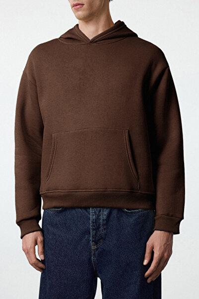Trendyol Collection Dark Brown Oversize/Wide Cut Back Embroidery Detailed Hooded Sweatshirt Tmnaw25Sw00142