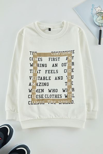 TRENDYOLKIDS Chlapecká mikina Ecru Slogan – Bavlna, Tkdaw25Sw00026