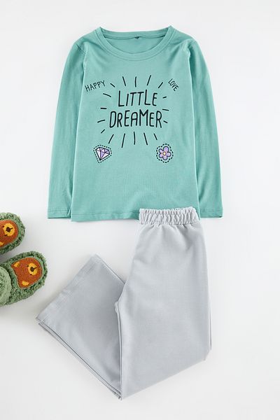 TRENDYOLKIDS Mint Girl's Printed Knitted Top and Bottom Set Tkdaw25Au00118