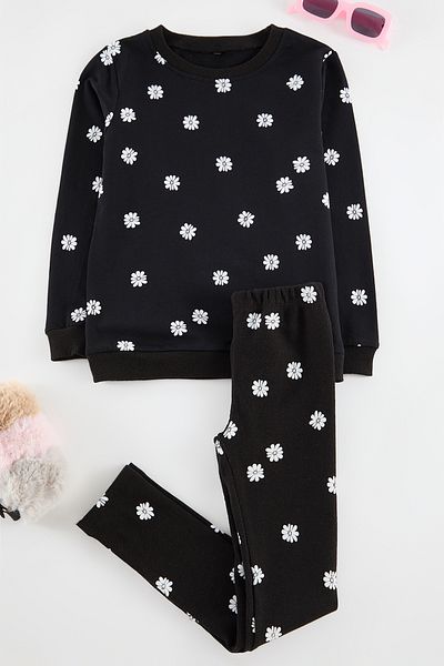 TRENDYOLKIDS Black Floral Knitted Bottom-Top Suit Tkdaw25Au00035