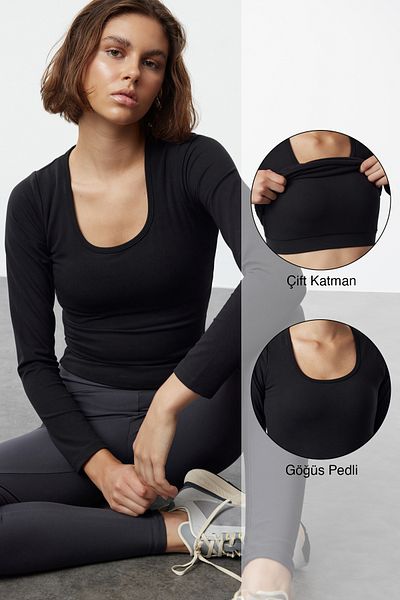 Trendyol Collection Reflector Print Black Yoga Sports Top - Μαλακό ύφασμα, 2 στρώσεις με μαξιλαράκι μέσα, βουρτσισμένο Thmaw25bz00003