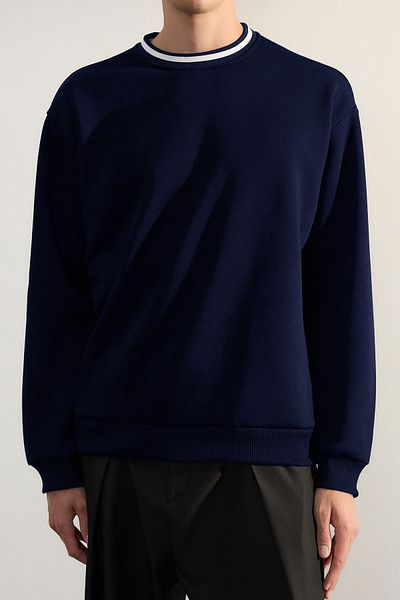 Trendyol Collection Indigo Premium Oversize/Wide Cut λαιμόκοψη Tape Basic φούτερ με φλις εσωτερικά TMNAW25SW00093