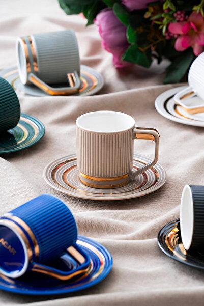 ACAR Julia Line Pattern Gold Gilt Colored 6 Person 90 ml Porcelain Coffee Cup...