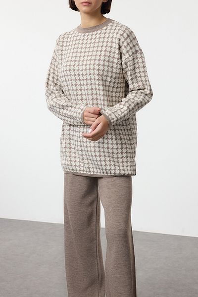 Edit by Trendyol Mink Knitwear Sweater and Trousers Set - Houndstooth Patterned, Tedaw25Us00029