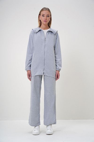 Trend Alaçatı Stili Women's Gray Polo Collar Zippered Jacket and Trousers Double Set Alc-X12930