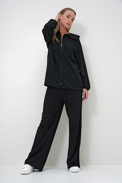 Trend Alaçatı Stili Women's Black Polo Collar Zippered Jacket and Trousers Double Set Alc-X12930