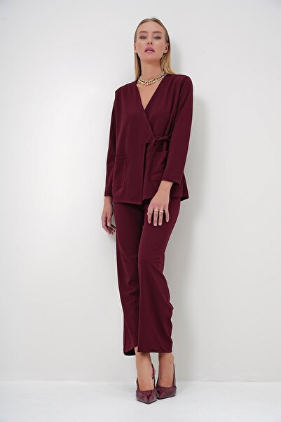 Trend Alaçatı Stili Plum Double Breasted Collar and Double Pocket Women's Jacket and Trousers Set - Alc-X12896