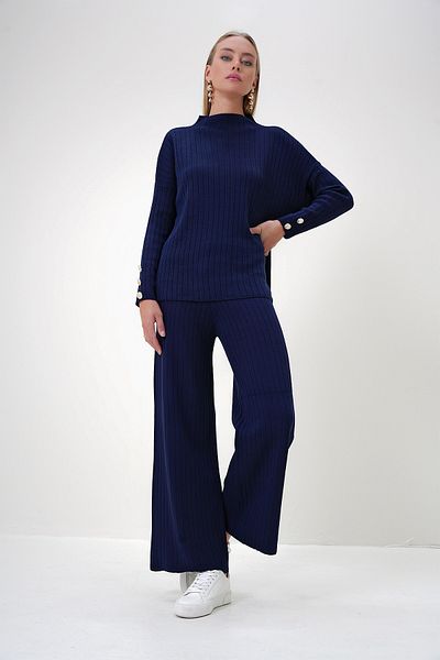 Trend Alaçatı Stili Women's Navy Blue Stand Collar Low Sleeve Knitwear Trousers and Blouse Set Alc-X12832