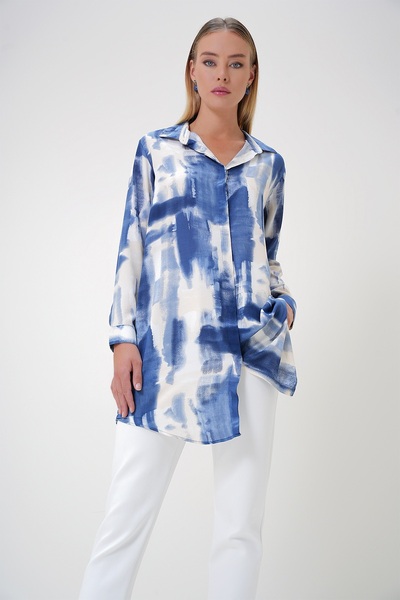 Trend Alaçatı Stili قميص بوبلين أزرق نيلي - نمط ألوان مائية، ALC-X12850