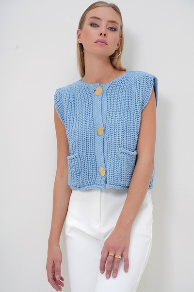 Trend Alaçatı Stili Women's Blue Gold Buttoned Double Pocket Knitwear Knitted Vest Alc-X12779