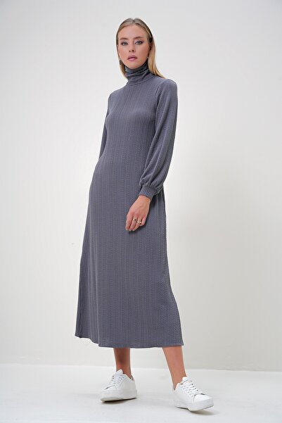 Trend Alaçatı Stili Women's Gray Turtleneck Twist Fabric Long Dress Alc-X12810
