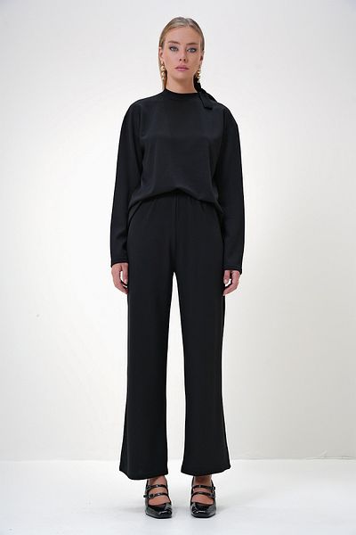 Trend Alaçatı Stili Women's Black Crew Neck Halter Detailed Modal Fabric Tunic and Trousers Set Alc-X12881