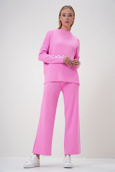 Trend Alaçatı Stili Women's Pink Stand Collar Low Sleeve Knitwear Pants and Blouse Set Alc-X12832
