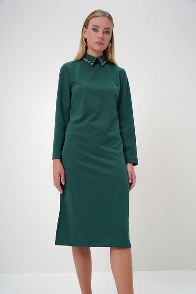 Trend Alaçatı Stili Emerald Green Bird's Eye Λεπτομερές σχισμένο κρεπ φόρεμα - πουκάμισο γιακά ALC-X12869