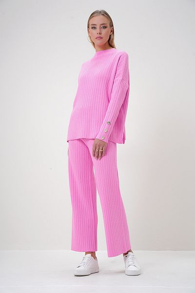 Trend Alaçatı Stili Women's Pink Stand Collar Low Sleeve Knitwear Pants and Blouse Set Alc-X12832