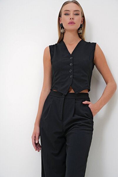 Trend Alaçatı Stili Női fekete V-nyakú elöl gombos mellény és dupla zsebes Palazzo nadrág szett ALC-X12874