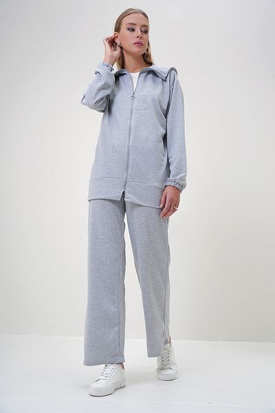 Trend Alaçatı Stili Women's Gray Polo Collar Zippered Jacket and Trousers Double Set Alc-X12930