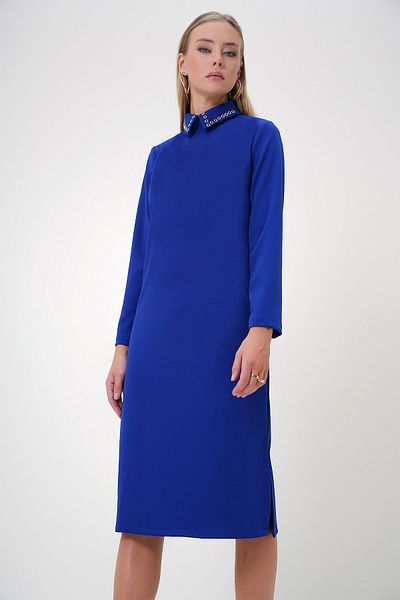 Trend Alaçatı Stili Saks Colorful Bird Detailed Slit Crepe φόρεμα - πουκάμισο γιακά ALC-X12869