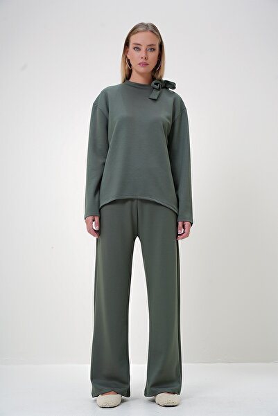 Trend Alaçatı Stili Women's Khaki Crew Neck Tie-Down Detailed Modal Fabric Tunic and Trouser Set ALC-X12881