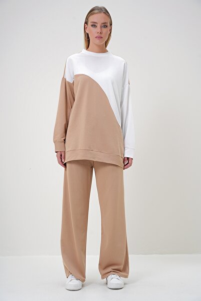 Trend Alaçatı Stili Női bézs színű kerékpáros nyakú, kétszálas alsó-felső szett ALC-X12888