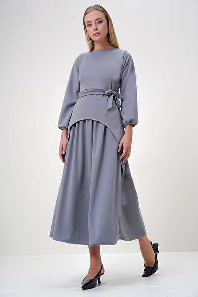 Trend Alaçatı Stili Women's Gray Crew Neck Asymmetrical Cut Tunic and Skirt Set Alc-X12870