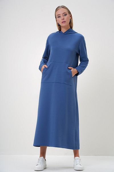 Trend Alaçatı Stili Indigo Hood Maxi Φόρεμα - Kangru με τσέπες, δύο κλωστές ALC-X12890
